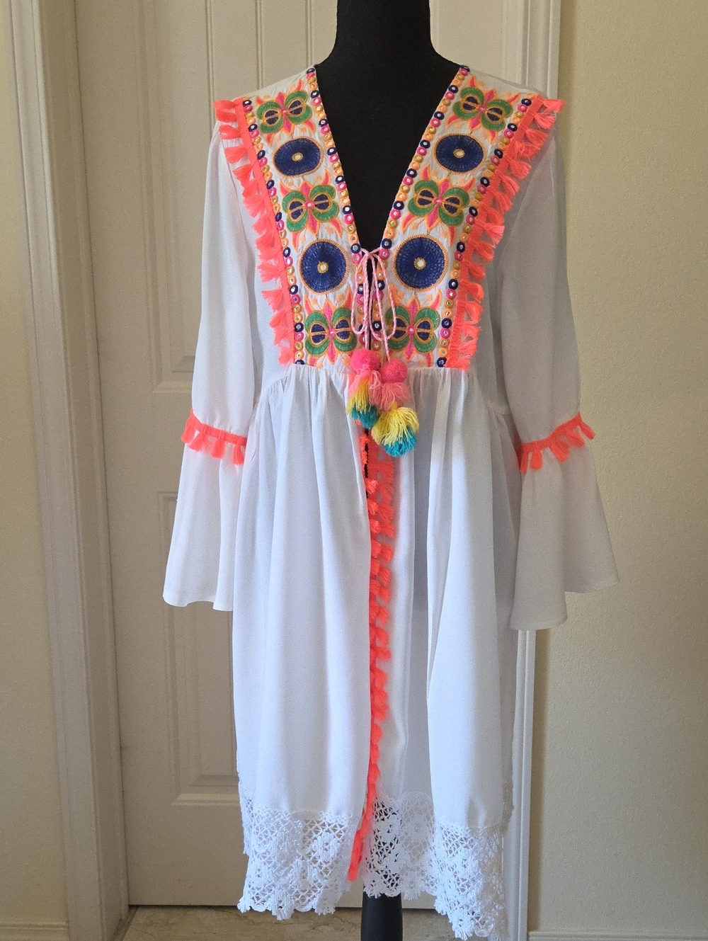 Boho Embroidered White Open Tunic with Neon Coral Trim and Tassel Tie, O/S